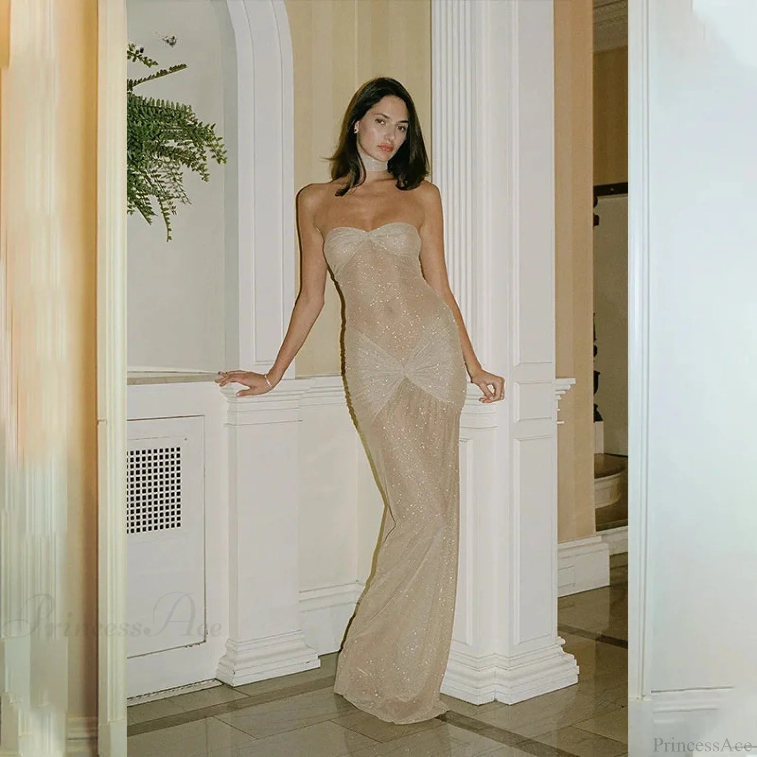 Elegant Off-Shoulder Glitter Fishtail Maxi Dress