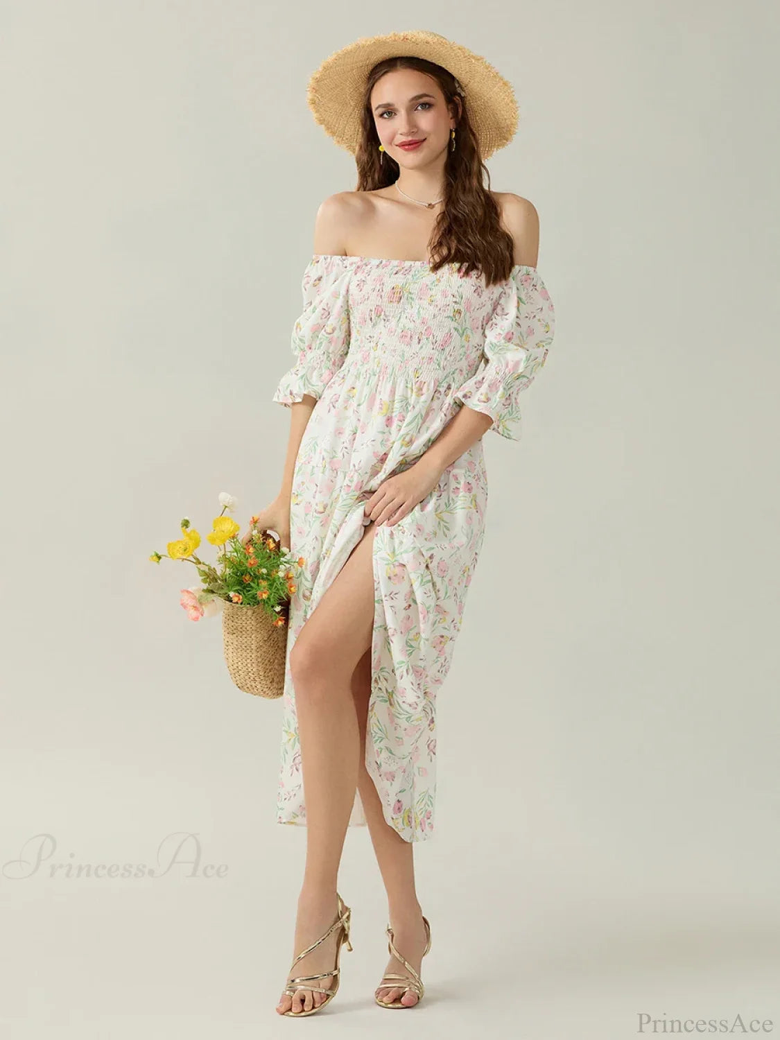Elegant Off-Shoulder Party Half Sleeve Square Neck A-line Floral Dress floraldress-250126