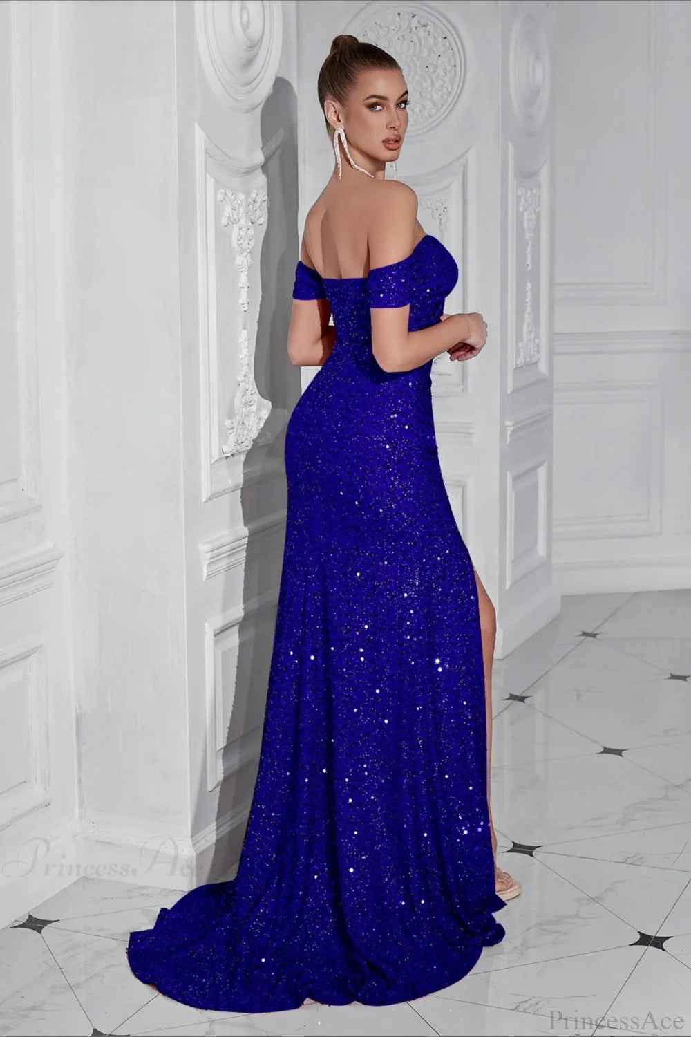Elegant Off-The-Shoulder Sequin High Slit Fitted Evening Dress
