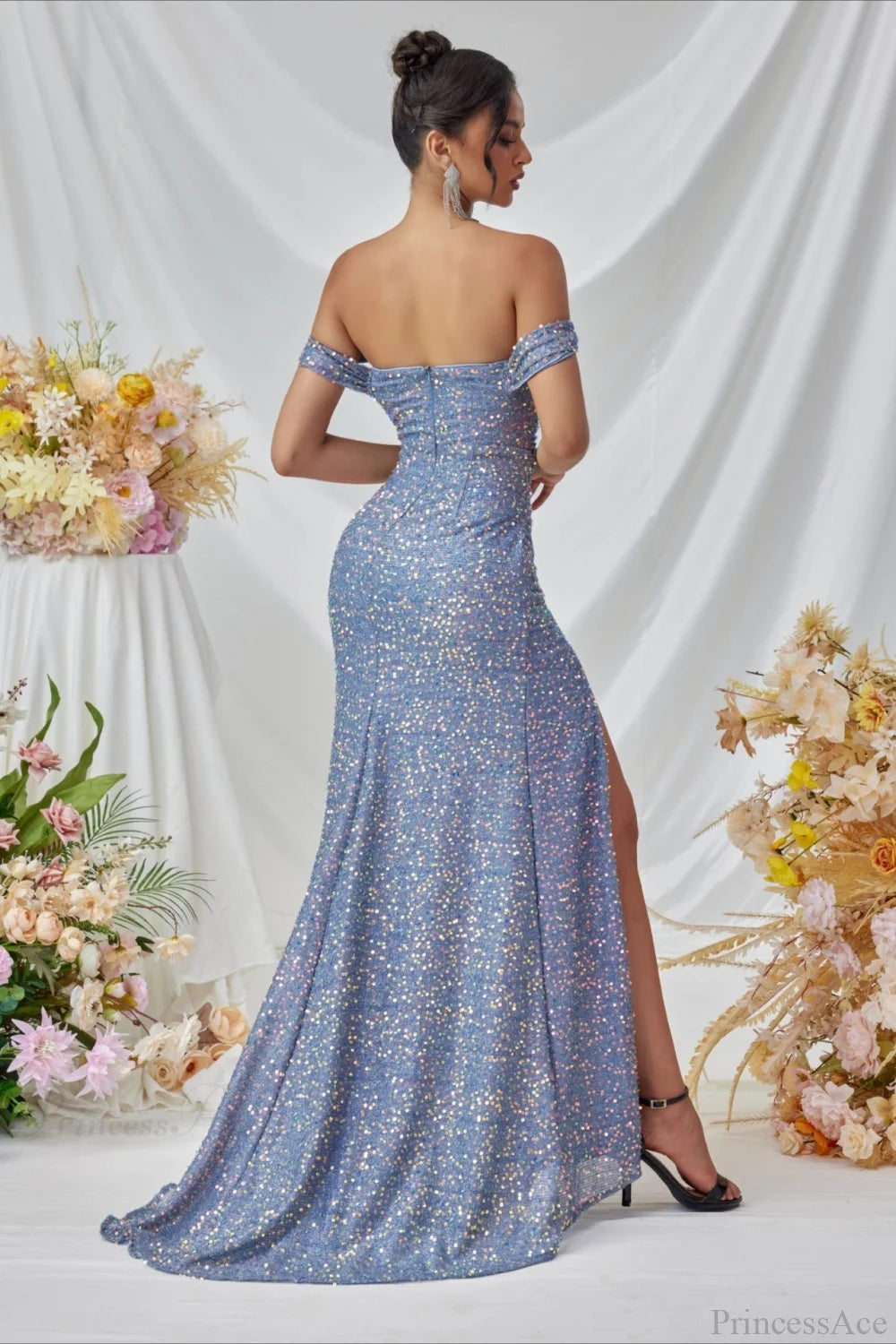Elegant Off-The-Shoulder Sequin High Slit Fitted Evening Dress