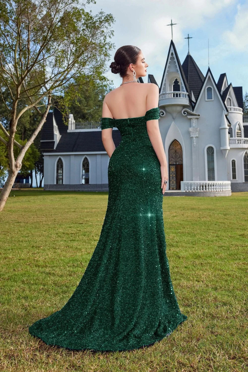 Elegant Off-The-Shoulder Sequin High Slit Fitted Evening Dress