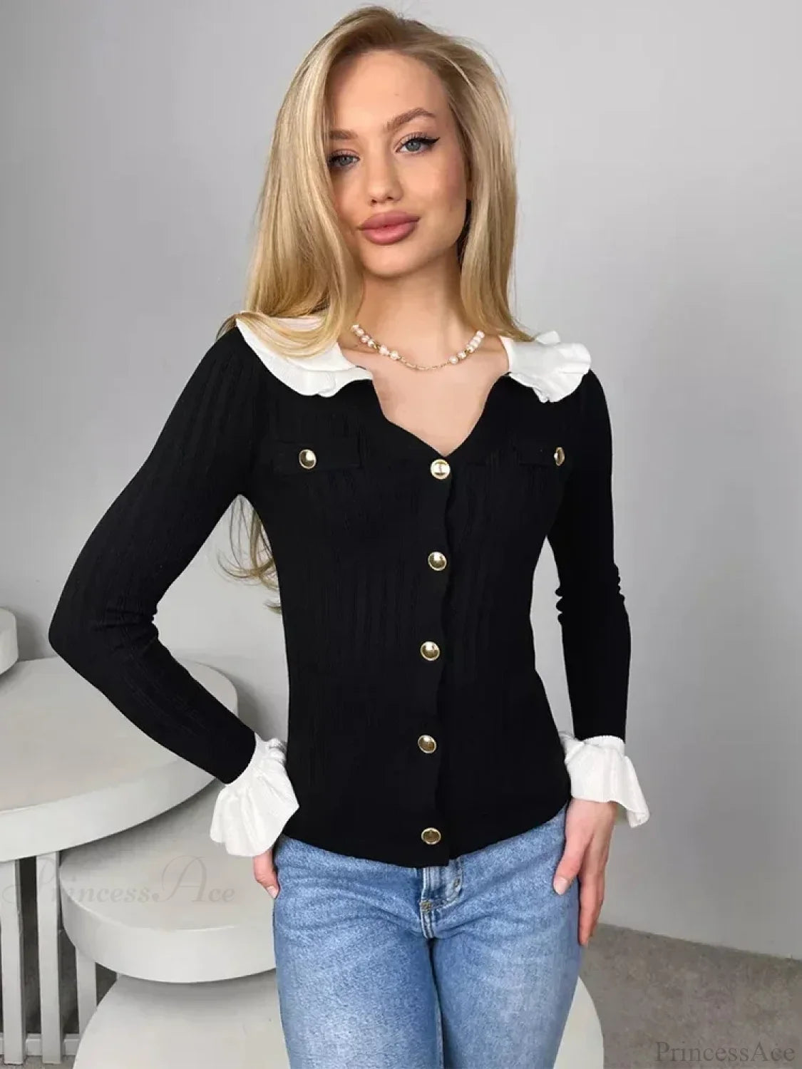Elegant Patchwork Ruffle Long Sleeve Cardigan