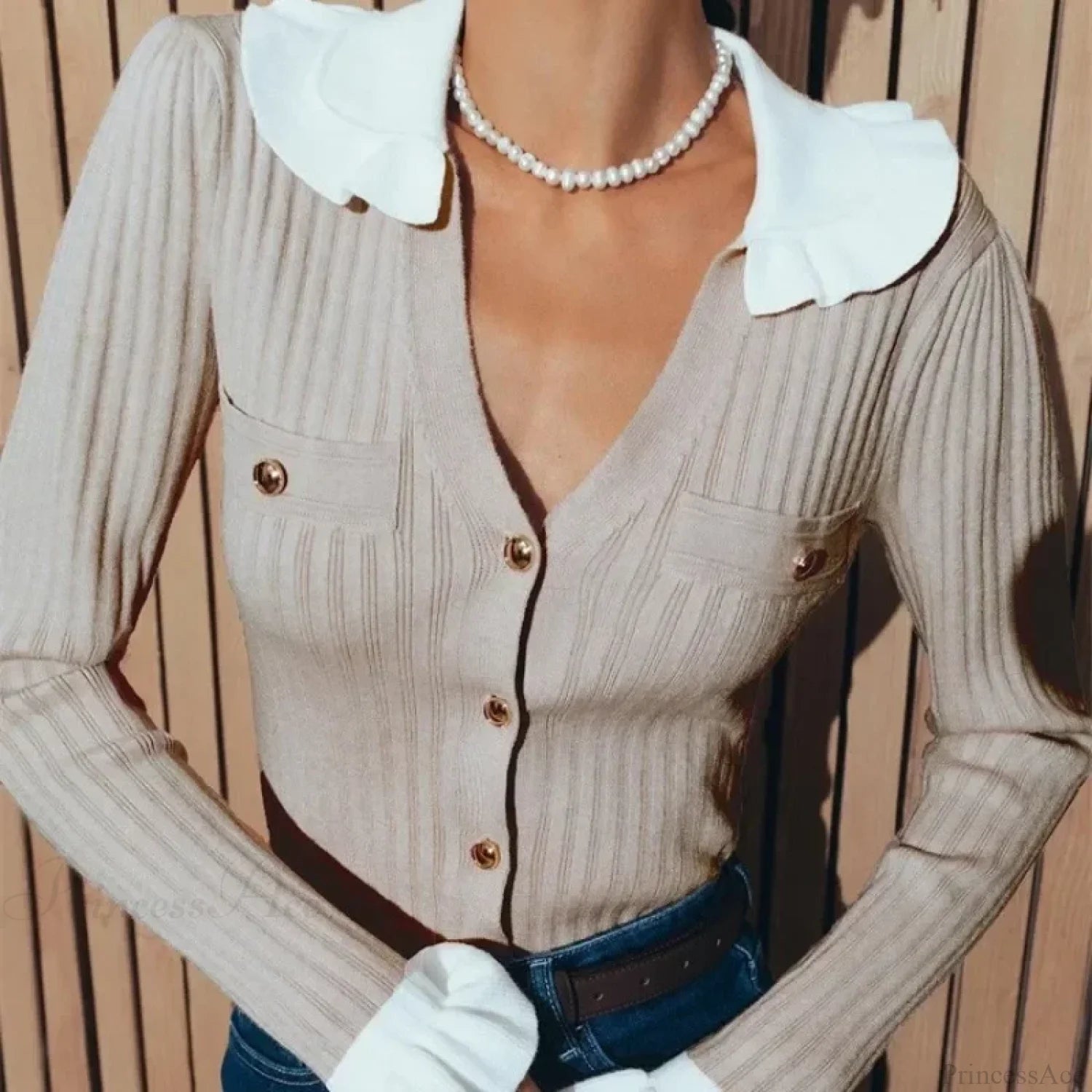 Elegant Patchwork Ruffle Long Sleeve Cardigan Khaki / S