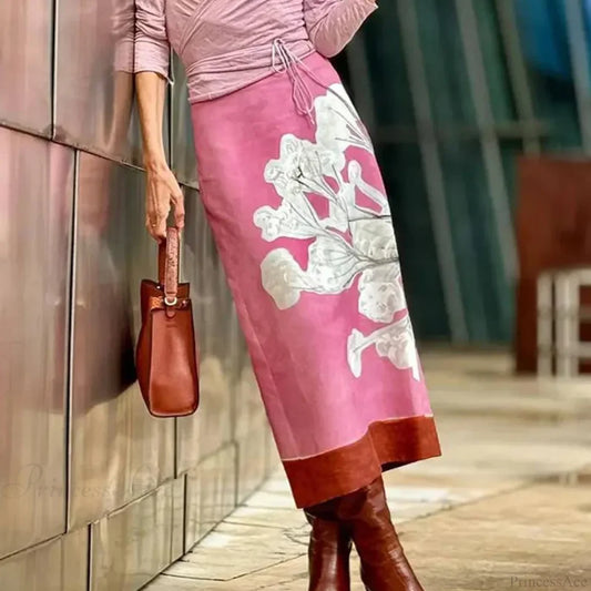 Elegant Pink Floral Printed Mid Waist Slit Midi Pencil Skirt skirt-250126