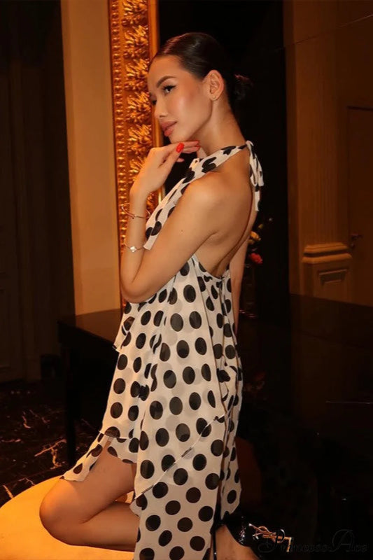 Elegant Polka Dot Halter Sleeveless Maxi Dress