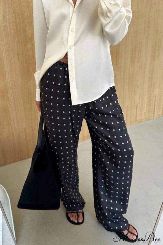 Elegant Polka Dot Straight Leg Pants Black / S