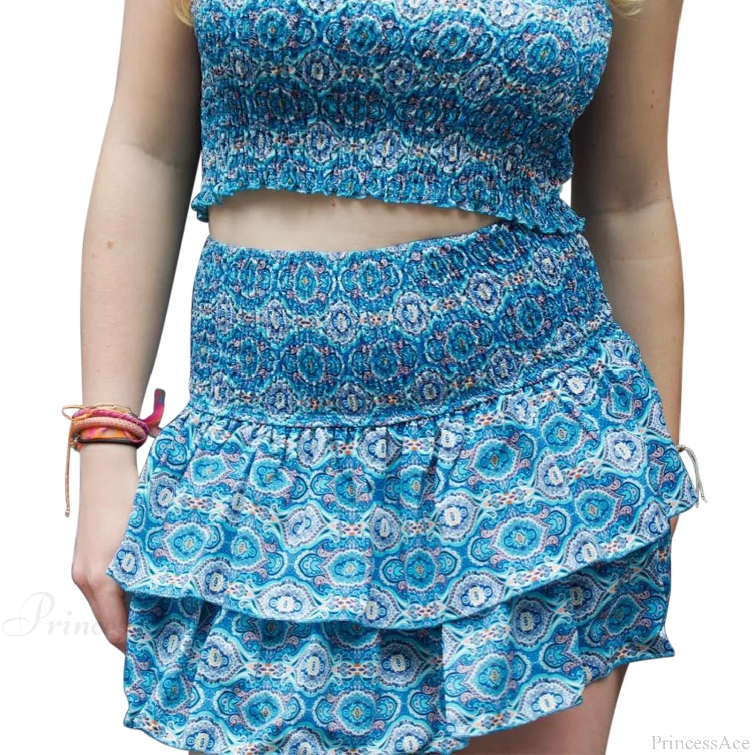 Elegant Printed Pleated Skirt Lake Blue / S skirts-250223