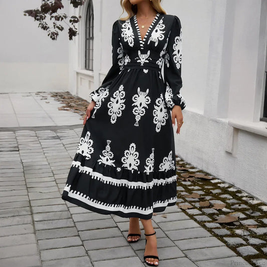 Elegant Printed V-neck A-line Boho Dress Black / S bohodress-250126