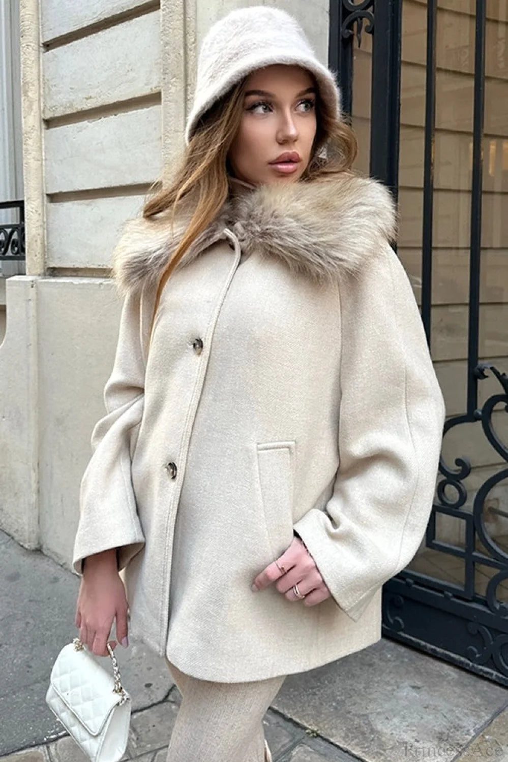 Elegant Relaxed Faux Fur Collar Single-Breasted Coat