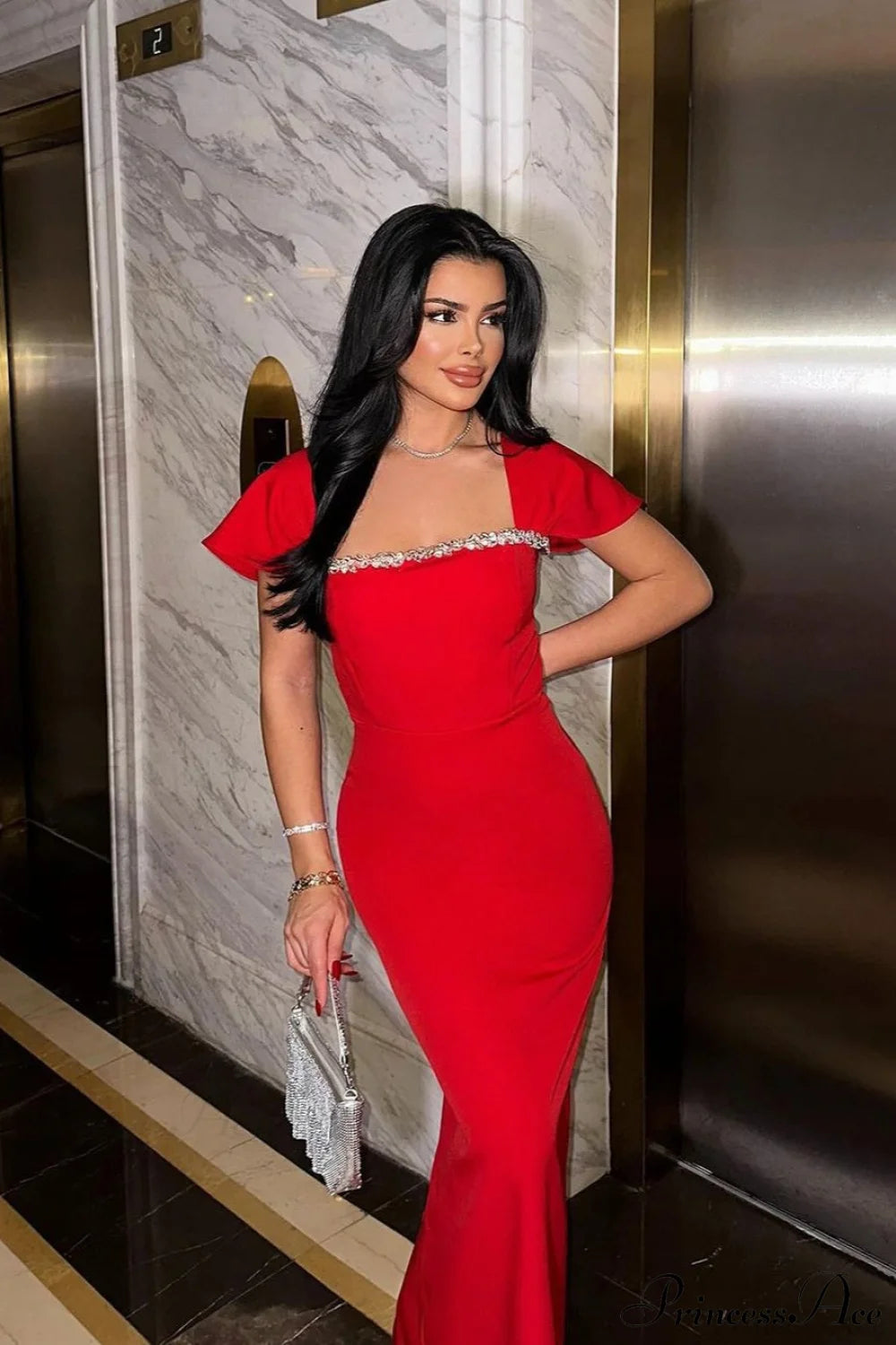 Elegant Rhinestone Strappy Party Dress Red / XS