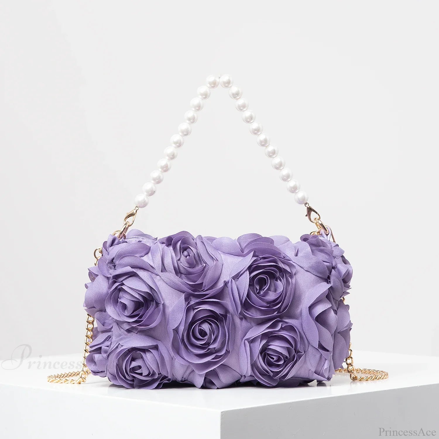 Elegant Rose Flower Faux Pearl Metal Chain Clutch Bag Lavender clutchbag-250126