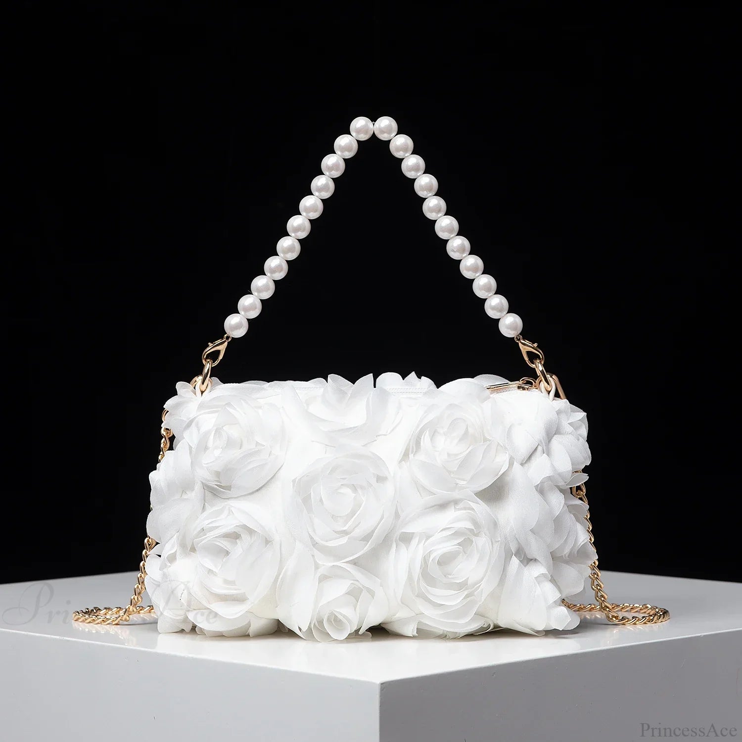 Elegant Rose Flower Faux Pearl Metal Chain Clutch Bag WHITE clutchbag-250126