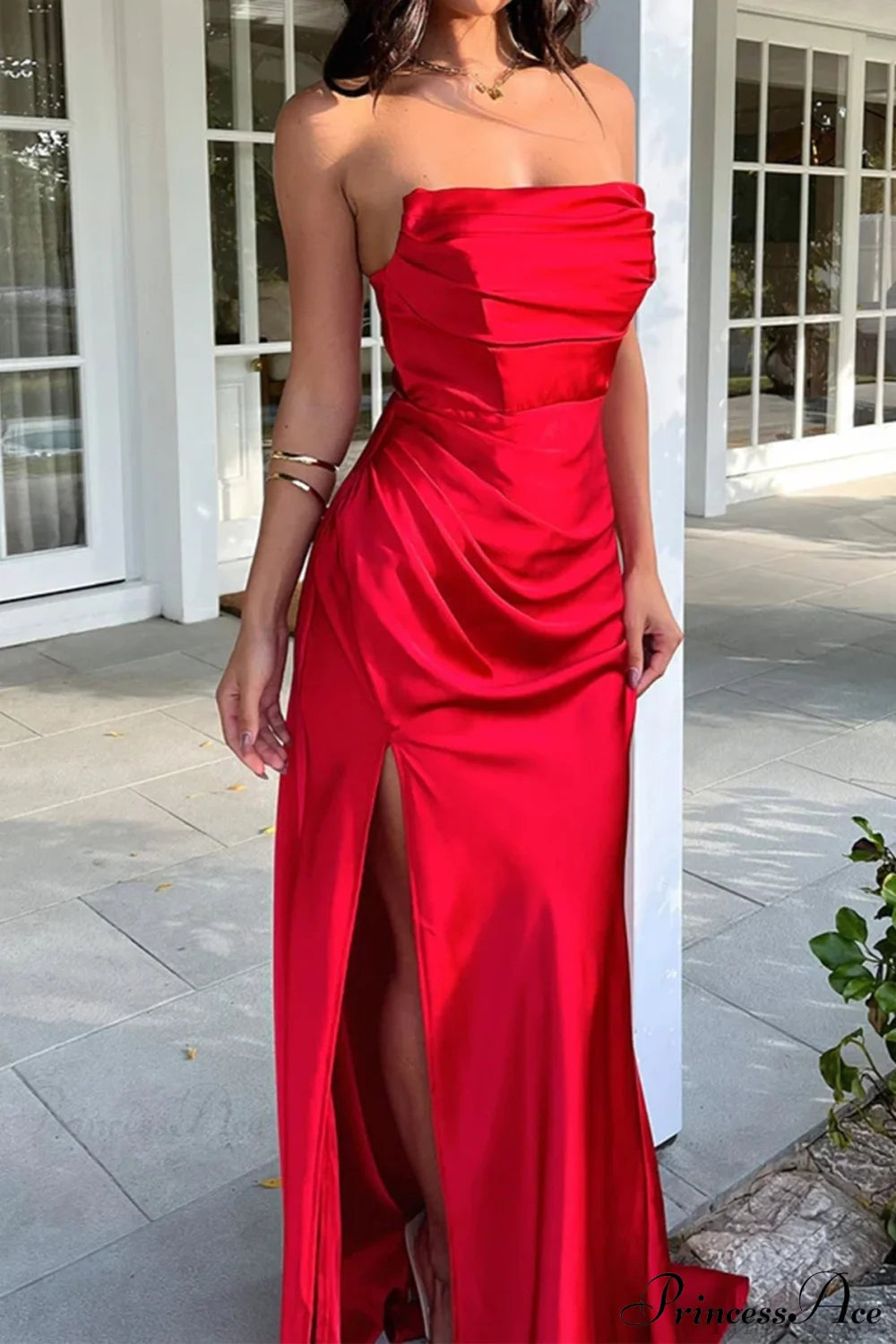 Elegant Ruched Side Slit Party Dress Red / S