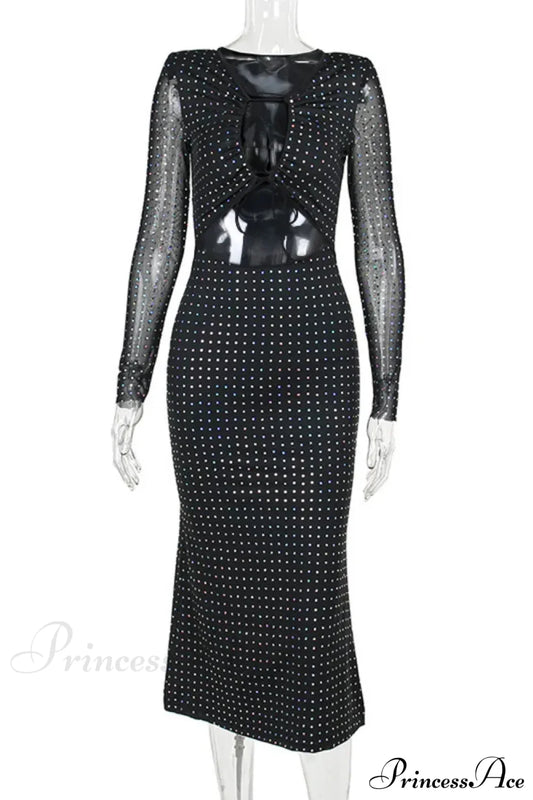 Elegant Sequin Sparkle Hollow Out Sexy Boho Dress Black / S