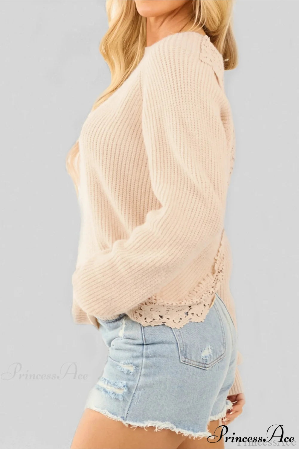 Elegant Sexy Open-Back Lace Paneled Long-Sleeve Knit Top