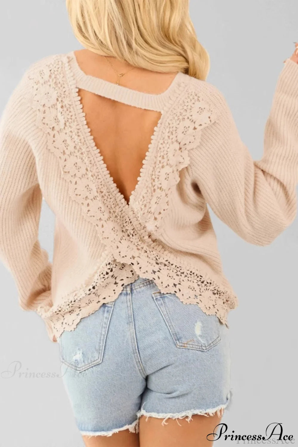 Elegant Sexy Open-Back Lace Paneled Long-Sleeve Knit Top