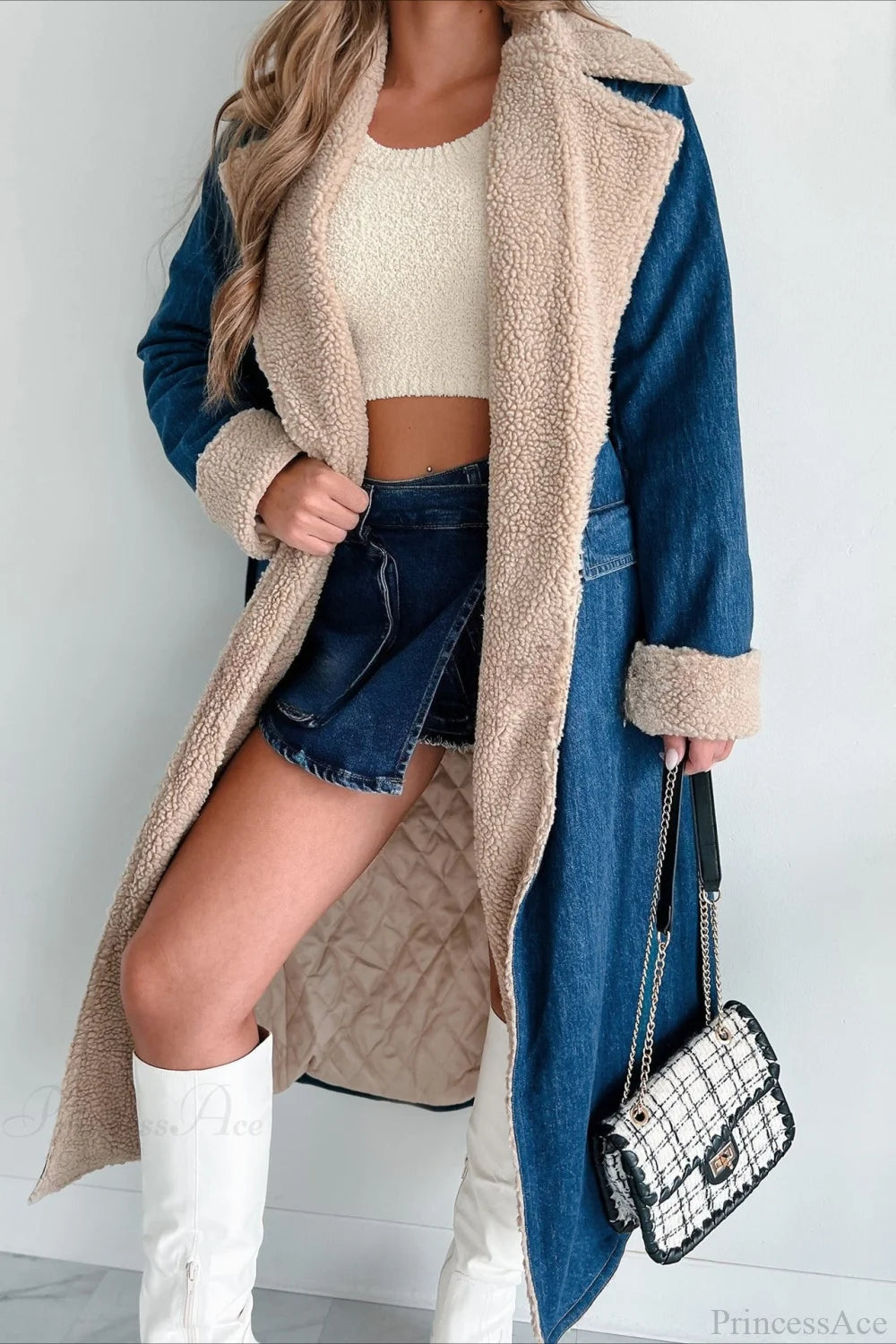 Elegant Sherpa Tie Waist Dual Pockets Denim Overcoat