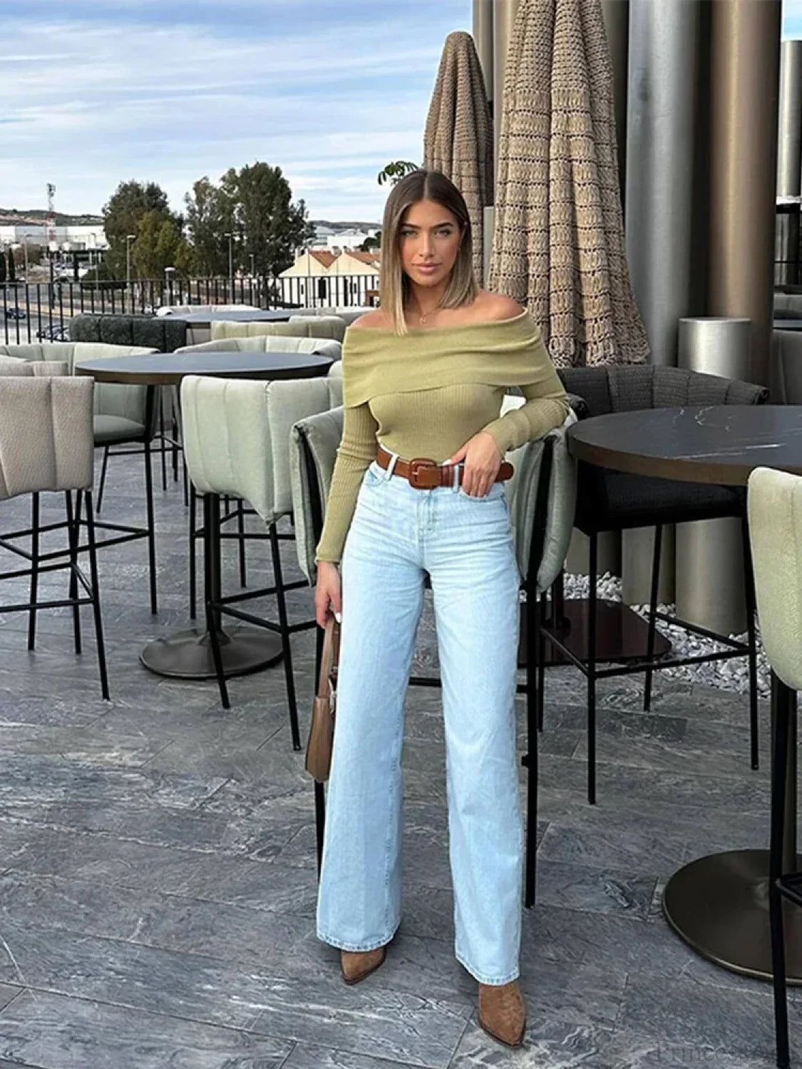 Elegant Slim Green Off-Shoulder Long Sleeve Female Chic Christmas Sweater Sweaters-L