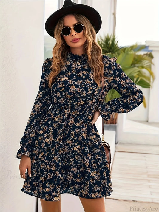 Elegant Spring Autumn Floral Print A-line Floral Dress oldfloraldress-250126