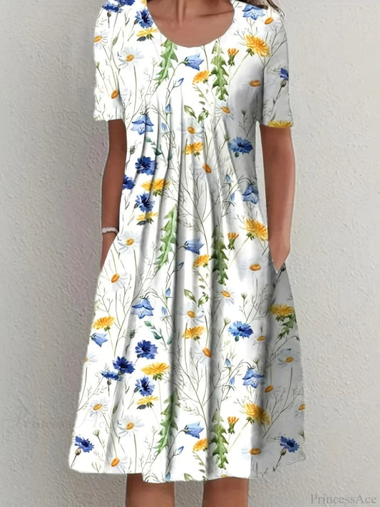 Elegant Spring Summer Round Neck Printed Floral Dress cloro1 / S oldfloraldress-250126