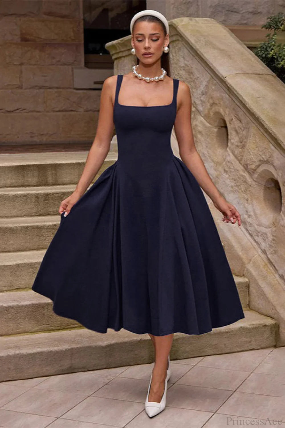 Elegant Square Neck Backless Fitted Cami Maxi Dress Blue / S