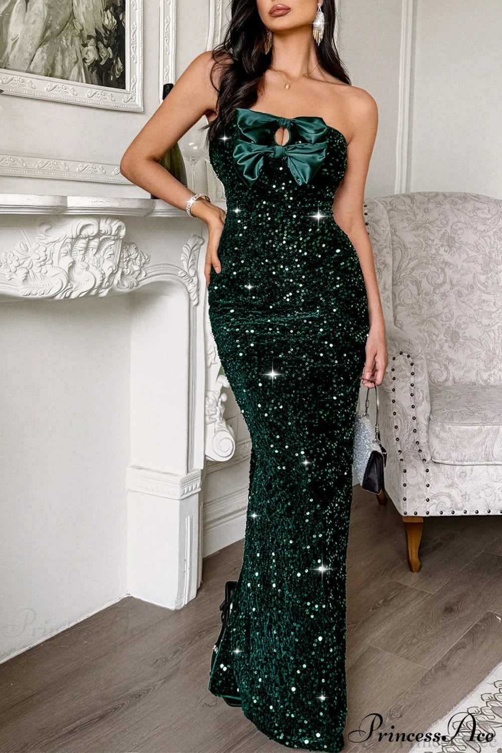 Elegant Strapless Formal Maxi Dress Green / S