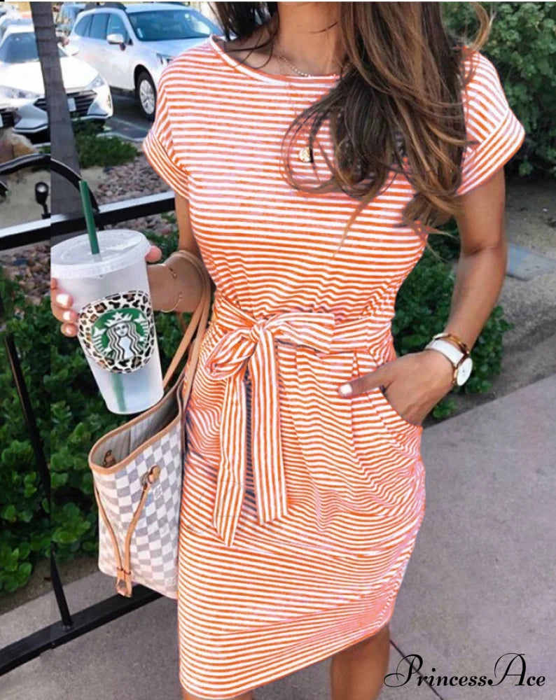 Elegant Stripe Women Tshirt Dress With O Neck Short Sleeve Sashes Pocket - Black Pink S / Orange