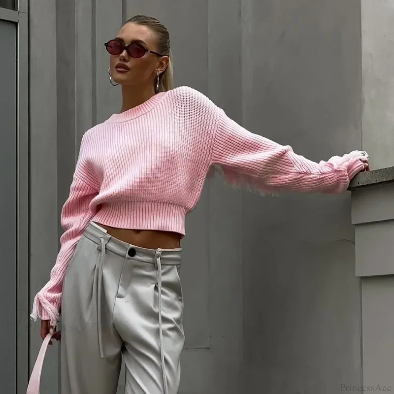 Elegant Tassel Patchwork Pullover Sweater Light Pink / S