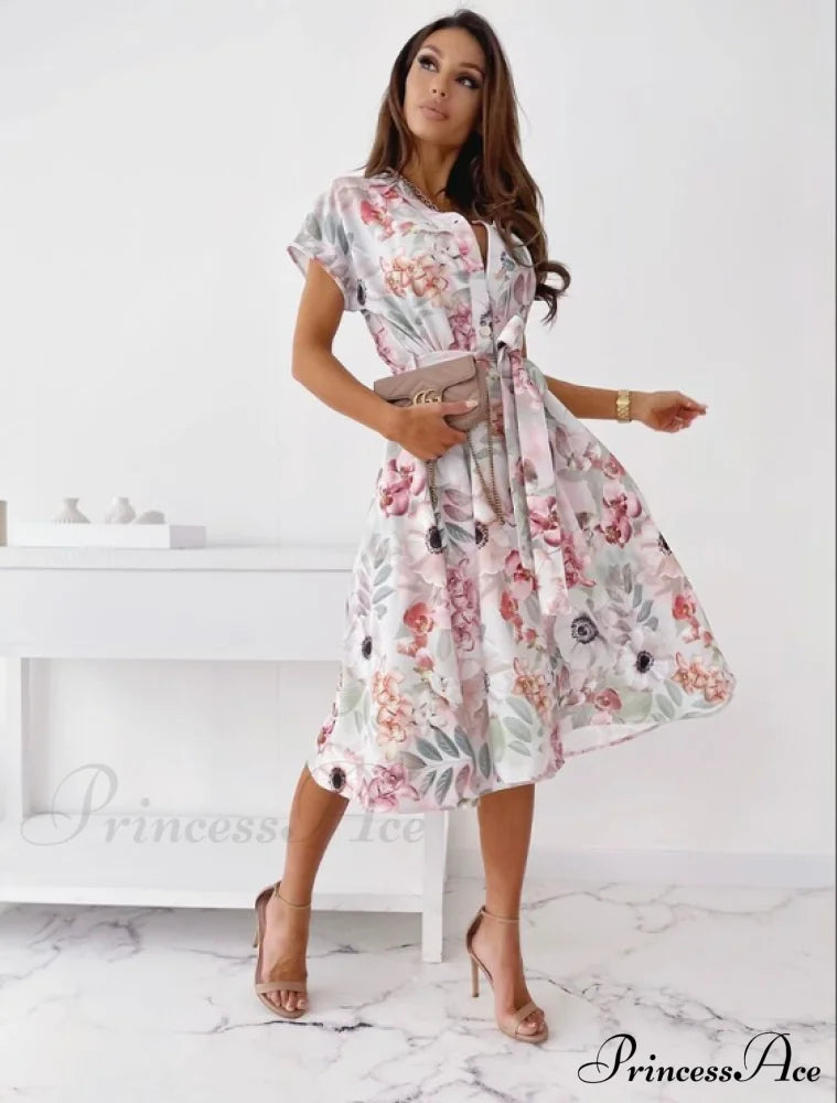 Elegant V-Neck Button Mid-Length Dress Fashion A-Line Party L / Black Dresses