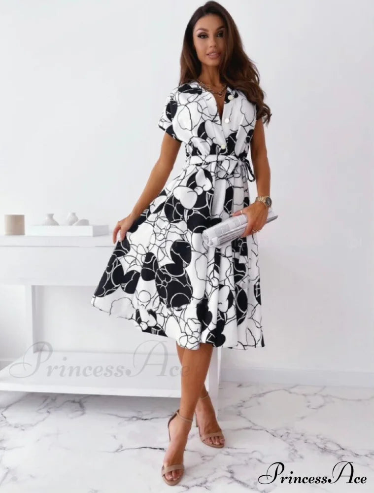 Elegant V-Neck Button Mid-Length Dress Fashion A-Line Party S / Black Dresses