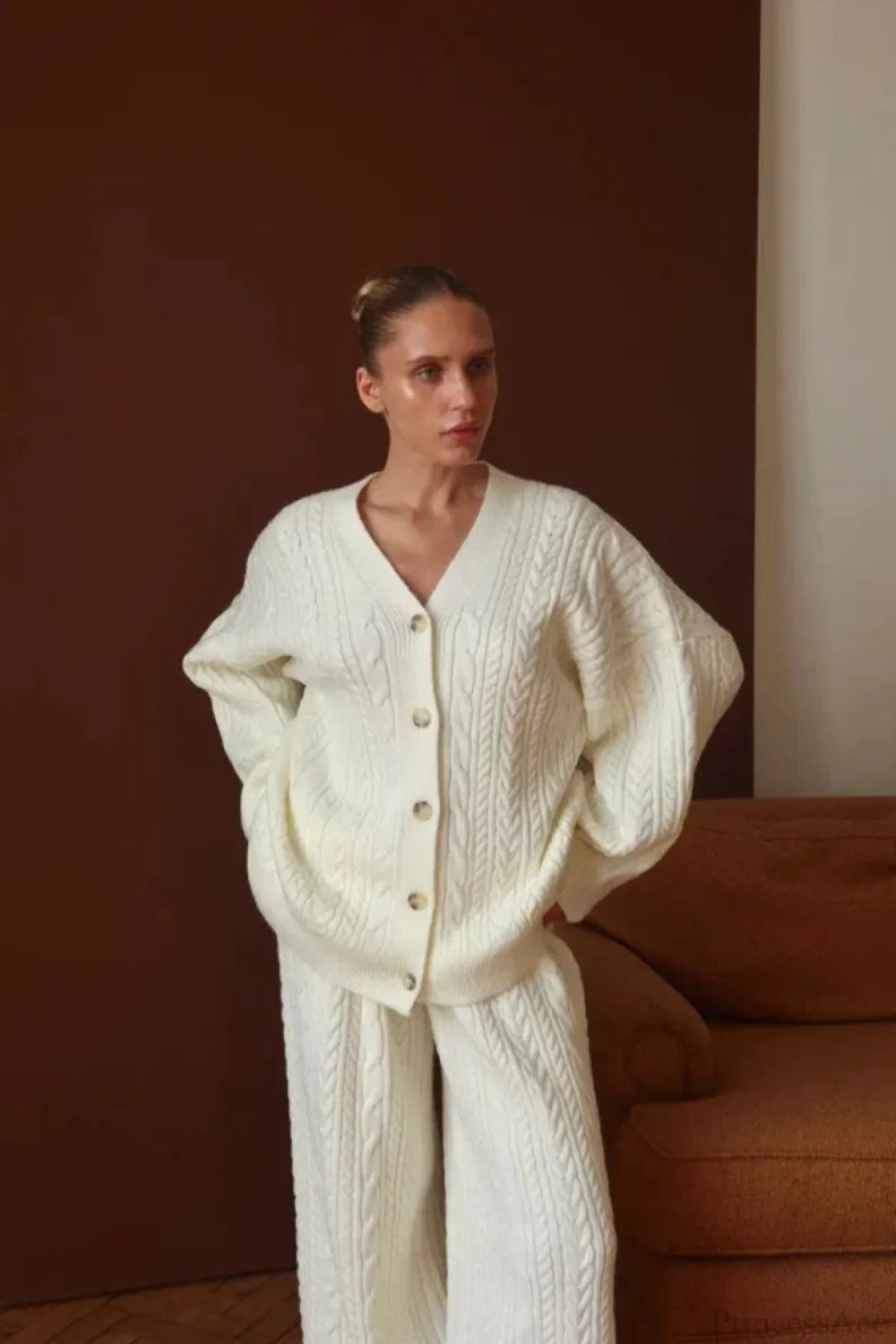 Elegant V-Neck Cable Knit Top Tank Pants Three Piece Set