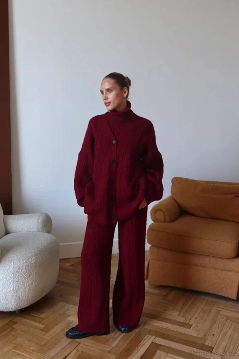 Elegant V-Neck Cable Knit Top Tank Pants Three Piece Set Crimson / S