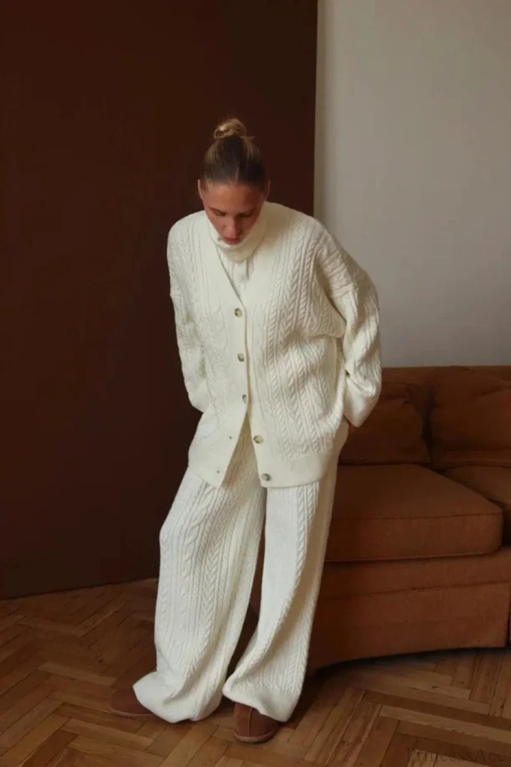 Elegant V-Neck Cable Knit Top Tank Pants Three Piece Set White / S