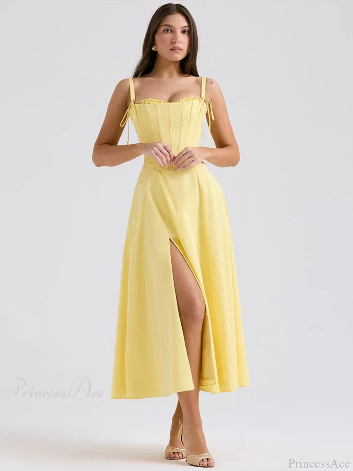 Elegant Waist Wrap A-line Vacation Dress Yellow / S vacationdress-250223