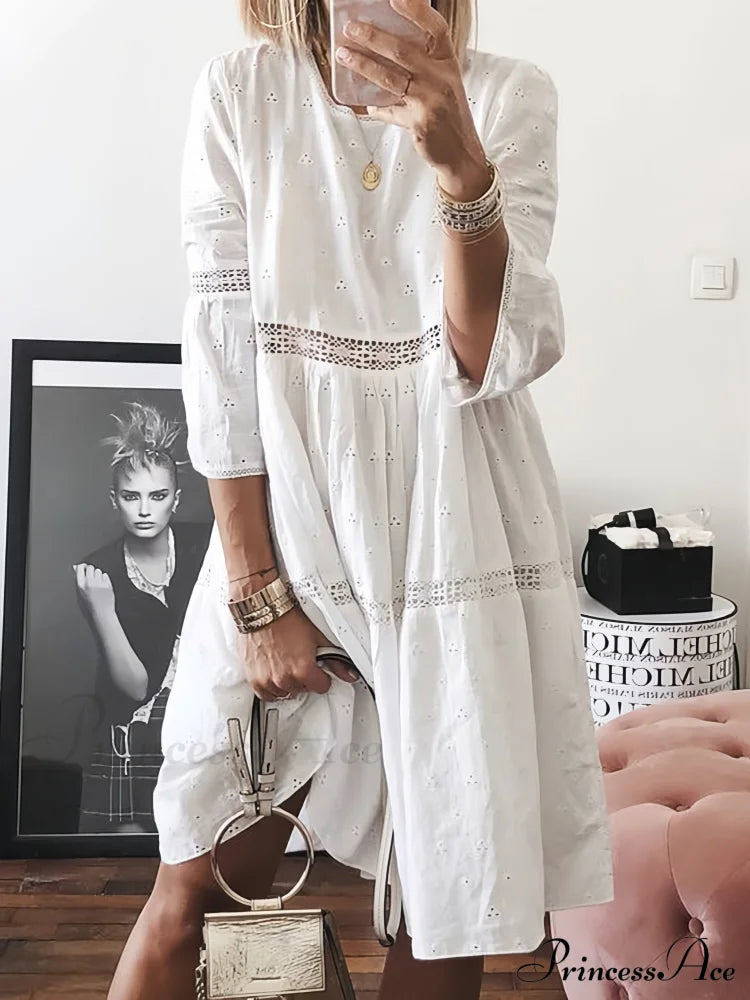Elegant White Lace Maxi Dress With Long Sleeves S / Sleeve Hollow