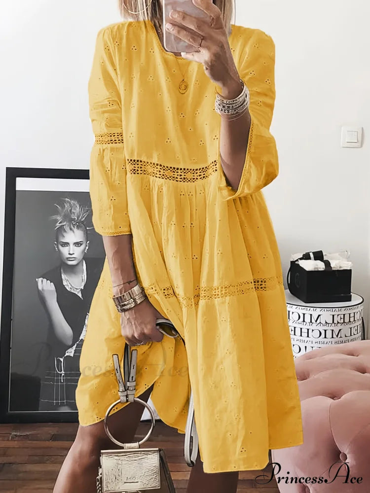 Elegant White Lace Maxi Dress With Long Sleeves S / Yellow Sleeve Hollow