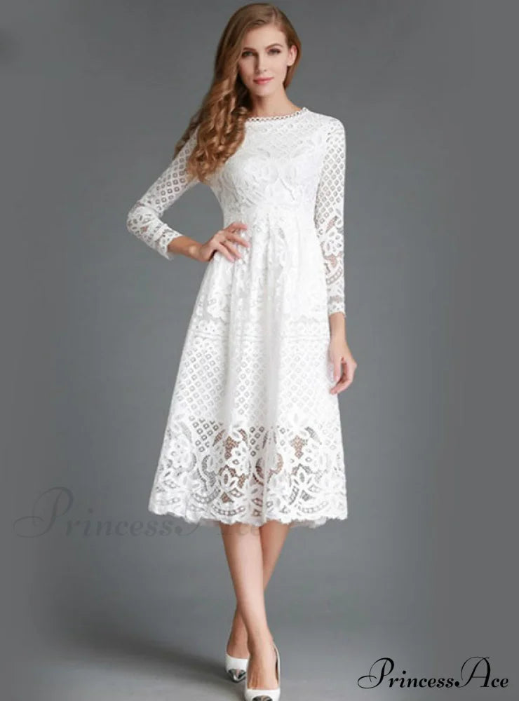 Elegant White Lace Party Dress With Hollow Out Detail M / Black