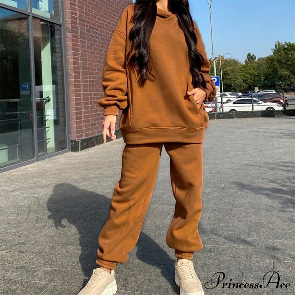 Elegant With Long Sweatshirt Women’s Set And Hoodie Lace-Up Warm Pant Solid Detail 02 Camel / L