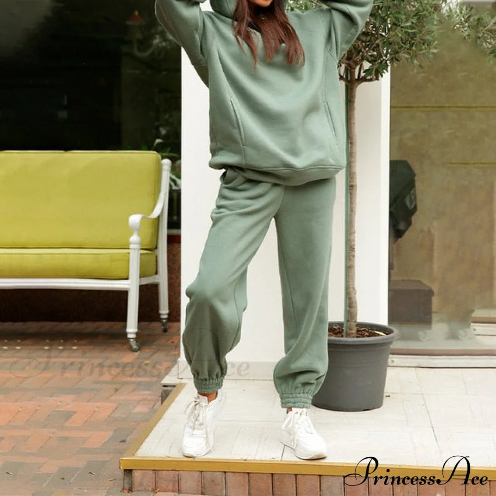 Elegant With Long Sweatshirt Women’s Set And Hoodie Lace-Up Warm Pant Solid Detail 02 Green / S
