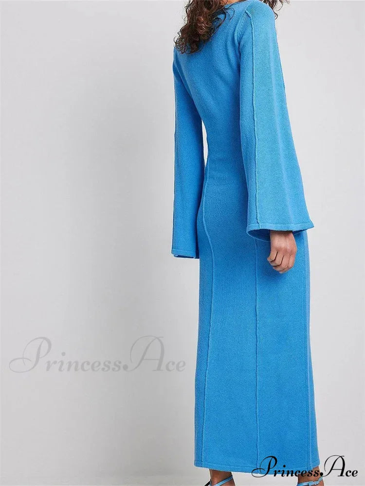 Elegant Women Knitted Patchwork Vintage Flare Sleeve Round Neck Slim Fit Solid Party Vestidos