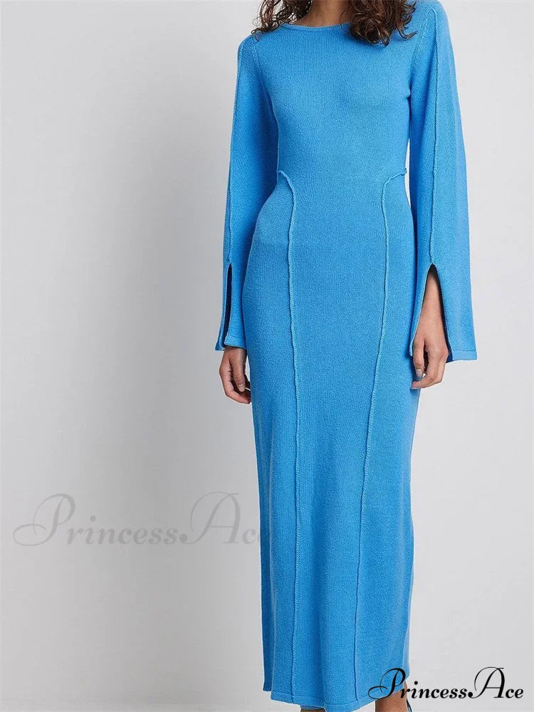 Elegant Women Knitted Patchwork Vintage Flare Sleeve Round Neck Slim Fit Solid Party Vestidos Navy