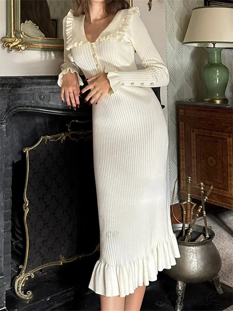 Elegant Women Knitted Sleeve Casual Solid Color Ruffles Hem Party For Beach Cocktail Club Streetwear