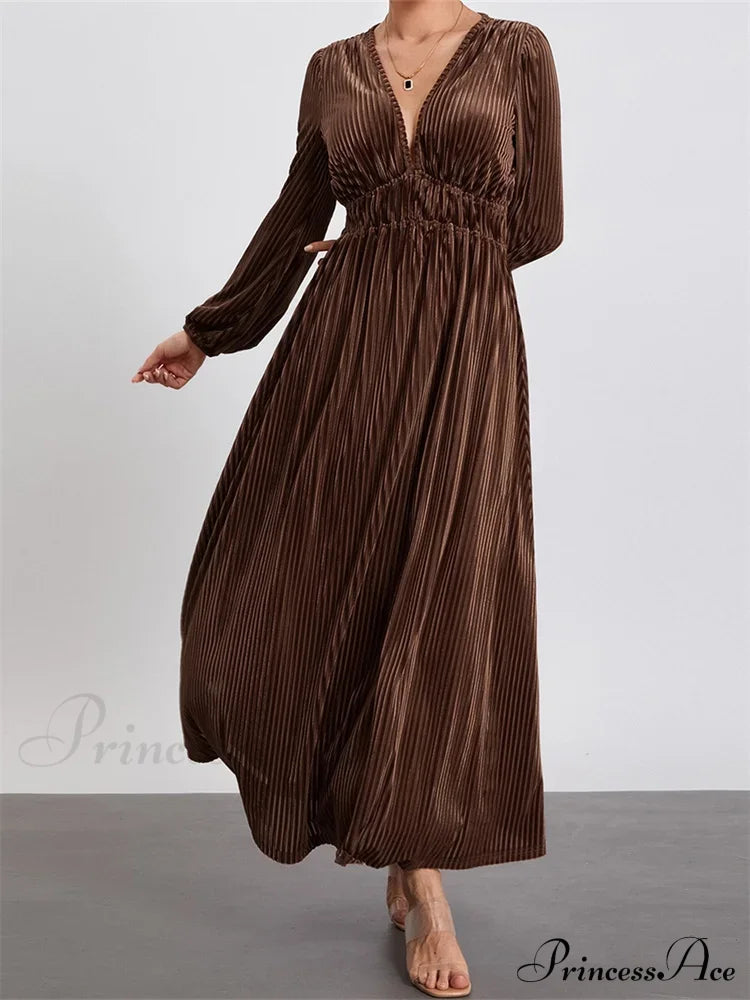 Elegant Women Spring Fall Velvet Sleeve Deep V Neck Solid Color A-Line Vintage Female Vestidos