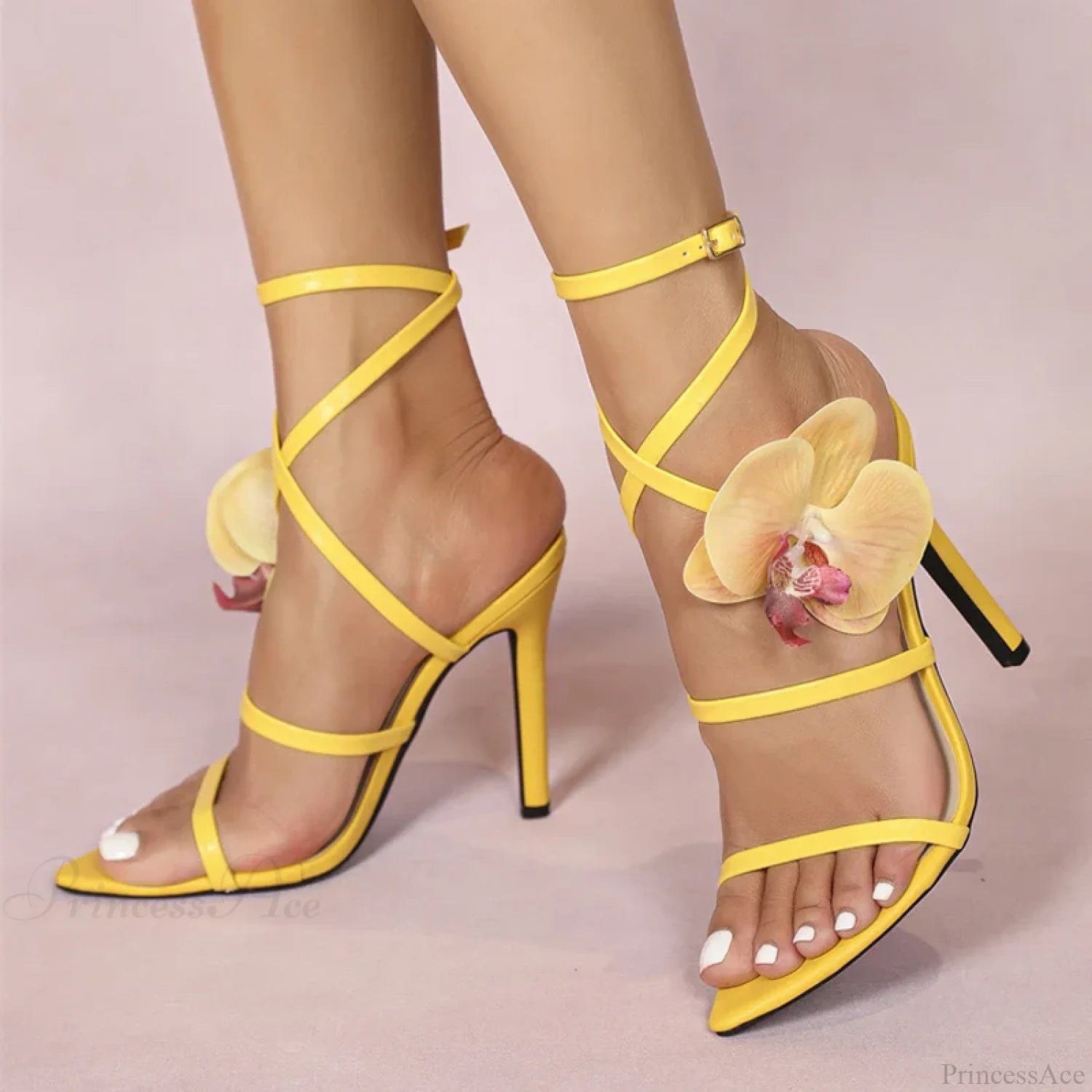 Elegant Women Wedding Banquet Shoes Pink Flowers Designer Sandals Pointed-Toe Gladiator High-Heels