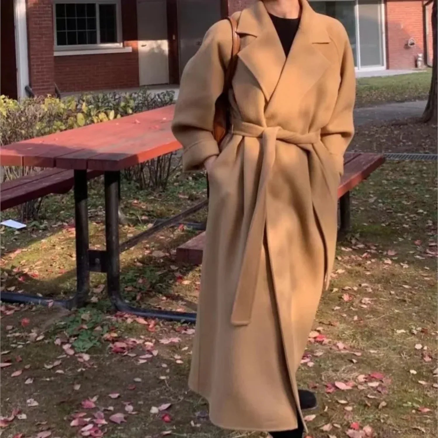 Elegant Woolen Belted Long Overcoat Camel / S