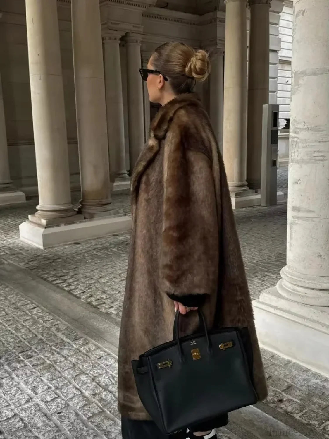 Elegant Woolen Belted Long Sleeve Overcoat Brown / S