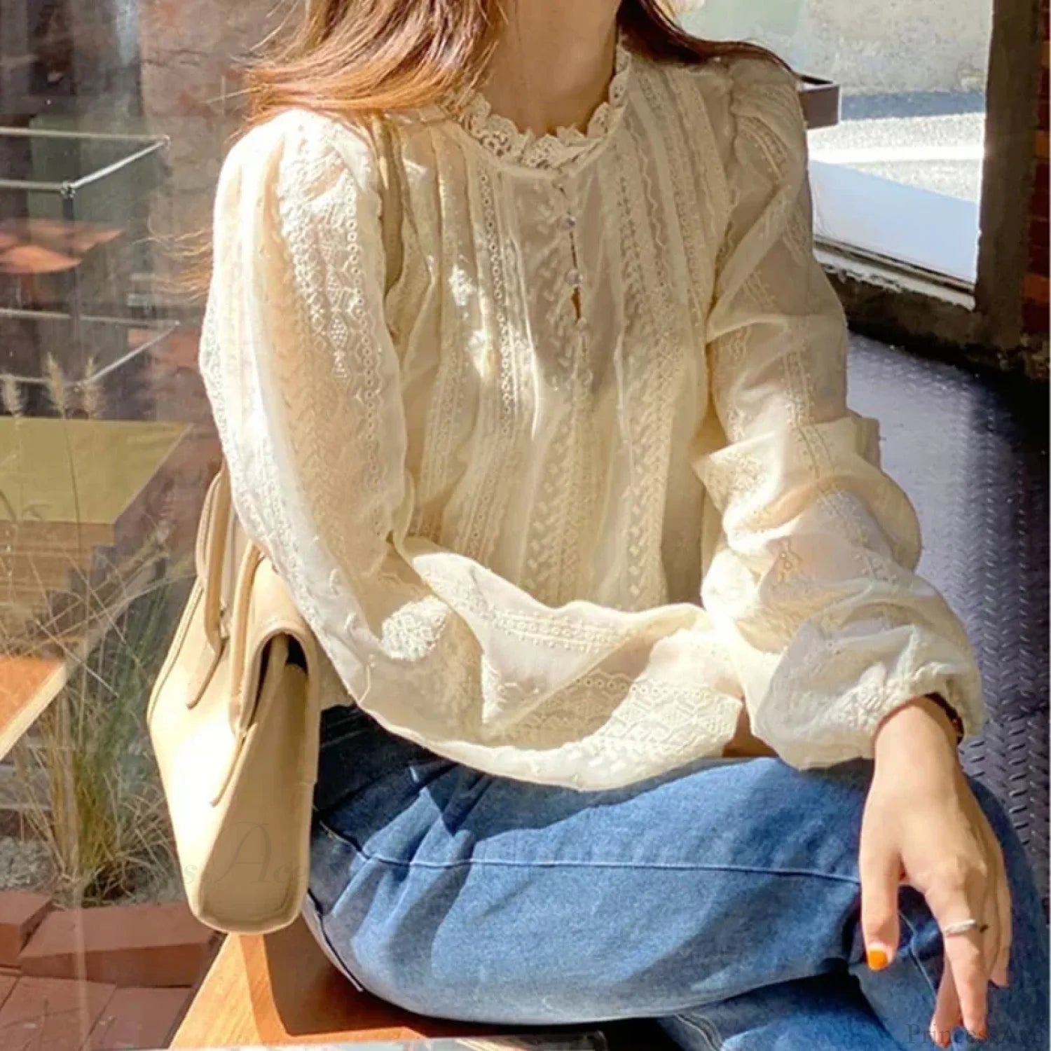 Embroidered Apricot Puff Sleeve Blouse blouse-250223