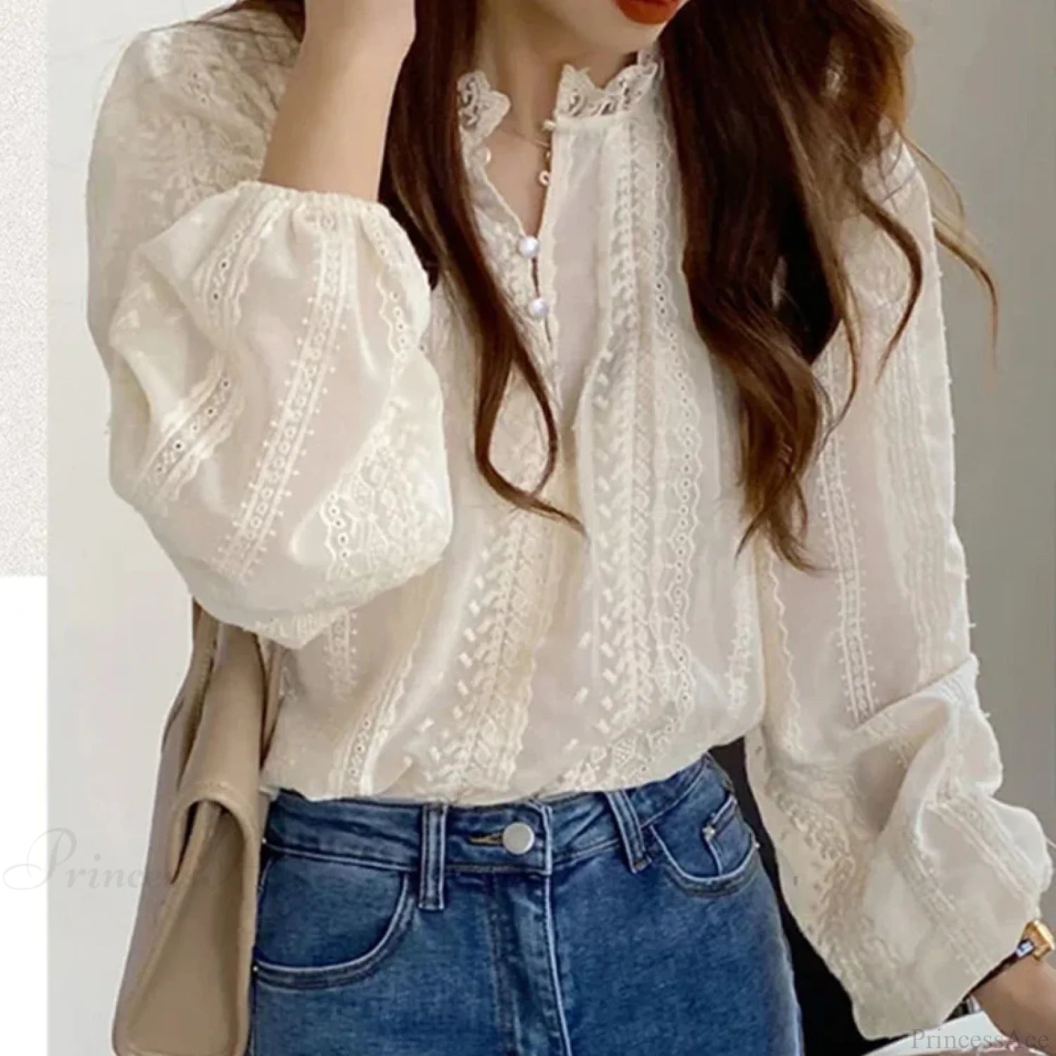 Embroidered Apricot Puff Sleeve Blouse blouse-250223