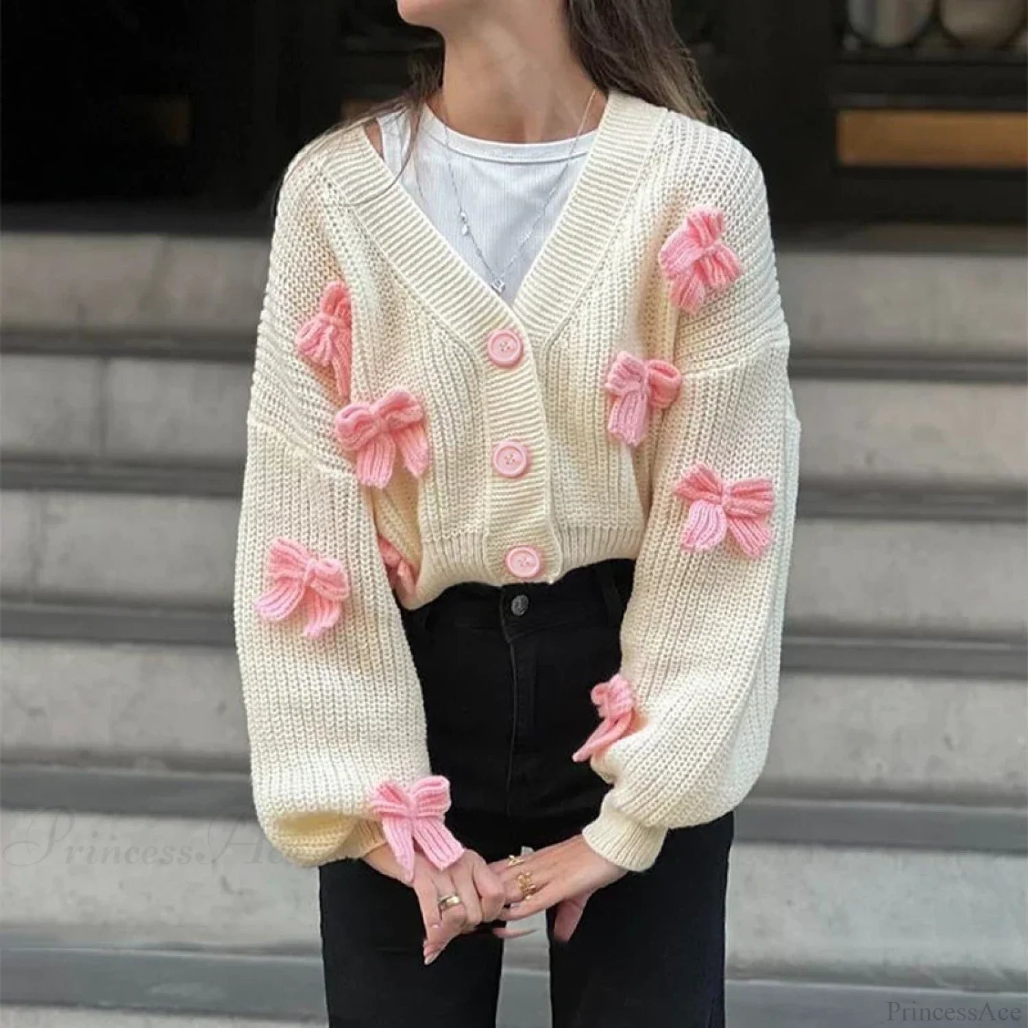 Embroidered Bow V-neck Cardigan White / S