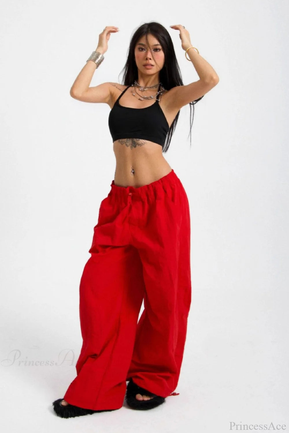 Embroidered Cargo Street Straight Leg Pants Red / S